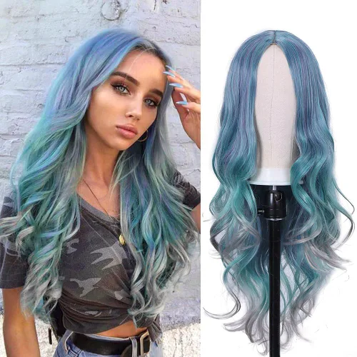 Lady Miranda Peluca de cabello sintético de alta densidad con ondas de cuerpo gris mezclado, de color azul, de alta densidad, resistente al calor,