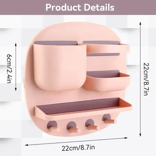 Miniatura 2 de Estante de montaje en pared, organizador de accesorios de mesita de noche con ganchos, almacenamiento adhesivo para teléfono, control remoto, Rosa
