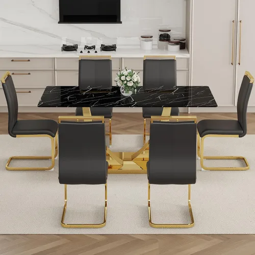 Miniatura 8 de Juego de Mesa de Comedor Negra para 6, Mesa de Comedor de Mármol Falso de 71" para 6, Juego de Mesa de Cocina Rectangular con Sillas de Cuero PU