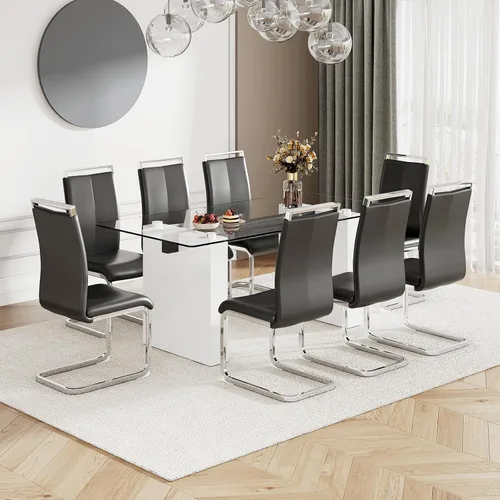 Miniatura 10 de Juego de mesa de comedor de vidrio de 71 pulgadas para 6, mesa de comedor para 6, mesa de vidrio templado con marco de MDF blanco y 6 sillas