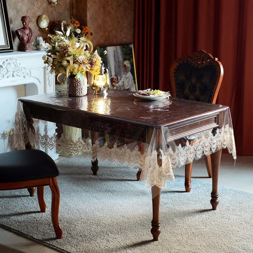 Miniatura 4 de SUTAVIA - Mantel de TPU transparente 100% impermeable con encaje, protector de mesa PVC a prueba de aceite y derrames, mantel transparente oblongo
