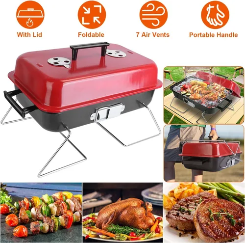 Miniatura 8 de TeqHome Parrilla de carbón portátil con tapa, parrilla de barbacoa de mesa mejorada para exteriores, parrilla plegable para cocinar al aire libre