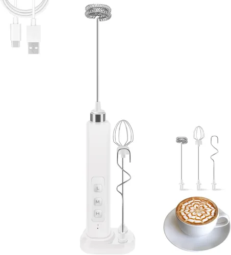 Miniatura 8 de Espumador de leche recargable de mano con 3 batidores de acero inoxidable desmontables, mezclador de bebidas ajustable de 3 velocidades, mini varita