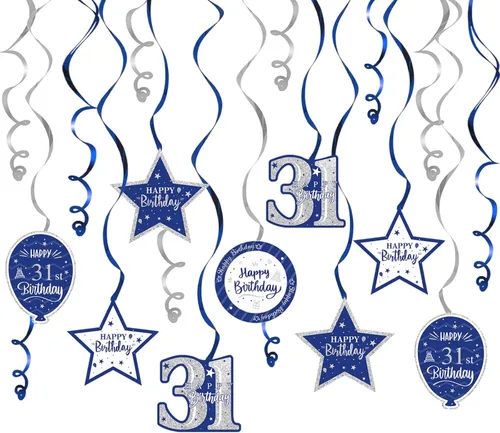 Miniatura 28 de Decoración de fiesta de serpentinas con purpurina azul y plateada de feliz 11º cumpleaños, 15 piezas de remolinos colgantes de 11 cumpleaños, cartel