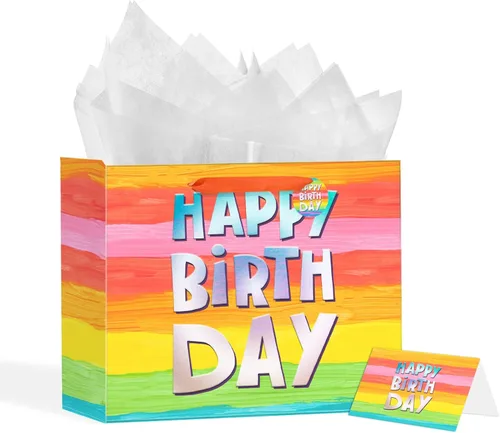 Miniatura 16 de Powbrace Bolsa de regalo de cumpleaños negra con papel de seda y tarjeta de felicitación, 13 x 10.2 x 4.9 pies, mediana