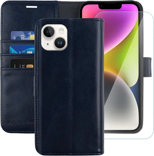 MONASAY Funda tipo cartera compatible con iPhone 13 mini, protector de pantalla de vidrio incluido, bloqueo RFID, funda de piel con tapa para