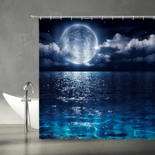 Miniatura 6 de AMFD Cortina de ducha con luna increíble, hermosa fantasía, cielo estrellado, luna brillante, azul, azul marino, negro, cortinas de baño, decoración