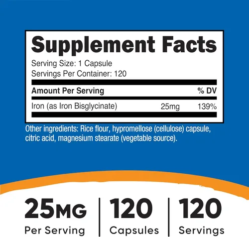 Miniatura 2 de Nutricost Suplemento de bisglicinato de hierro (25 mg) 120 cápsulas - de quelato de bisglicinato ferroso - Sin OMG y sin gluten