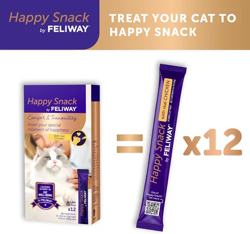 Miniatura 7 de Happy Snack de FELIWAY®, Golosinas lamibles y exprimibles en puréa para gatos para una rutina diaria de calma, hechas con pollo real, paquete de 12