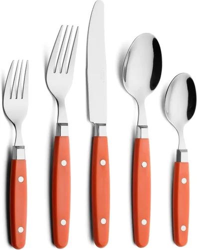 Miniatura 11 de Set de cubiertos Annova, juego retro/remachado de vajilla de acero inoxidable colorida para mesa y cocina, incluye cuchillos de cena, tenedores