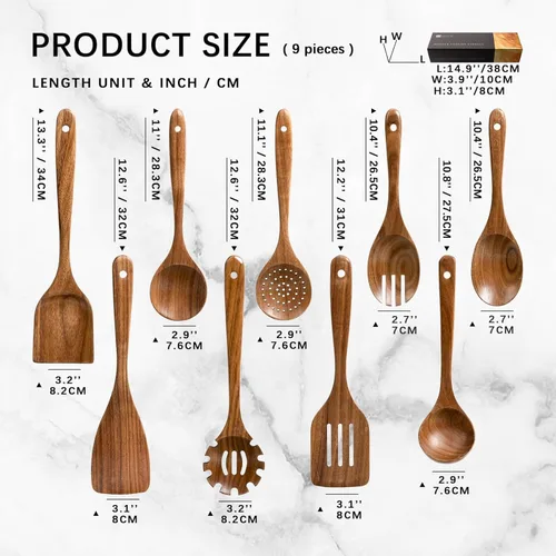 Miniatura 2 de Cucharas de madera para cocinar, juego de utensilios de cocina antiadherentes con 9 espátulas de madera de acacia y cucharas para cocinar, excelente