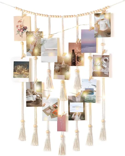Miniatura 7 de Mkono Decoración de pared colgante de macramé con cadena de luces, habitación bohemia para dormitorio, cuentas de madera, guirnalda para tarjetas