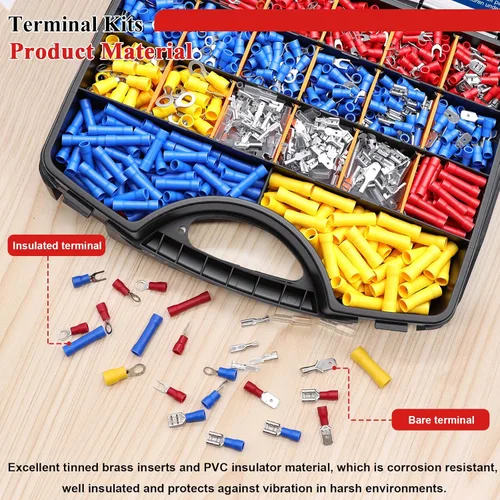 Miniatura 6 de Tnisesm Kit de conector de cable de 1100 piezas con herramienta de prensado, terminales de cable eléctrico con aislamiento de cobre, anillo, tope