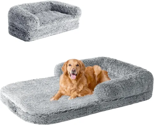 Miniatura 19 de EHEYCIGA Cama plegable XL para perros, 46 x 34 x 6.5 pulgadas, sofá cama mullida de piel sintética para perros grandes, cama ortopédica calmante