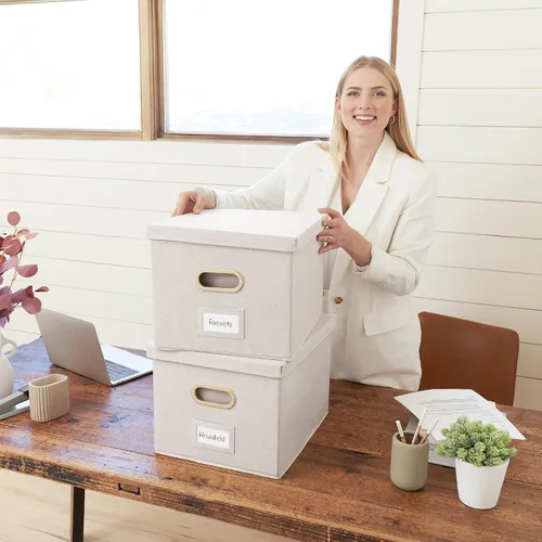 Miniatura 8 de ZICOTO Caja organizadora decorativa de archivos, juego de 2 archivadores plegables de lino con asas, perfectos para almacenar todos tus documentos