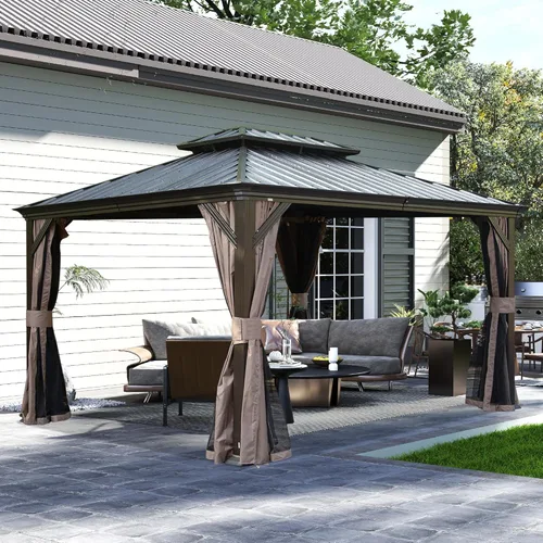 Miniatura 24 de Domi - Cenador de techo rígido de 8 x 8 pies con malla y cortinas, cenador para exteriores con techo doble de acero galvanizado para patio, césped