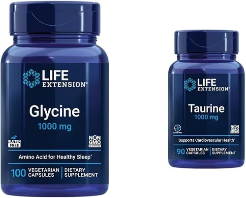 Life Extension Glicina 1000 mg, Promueve la Relajación y el Sueño Saludable & Taurina, Suplemento de Aminoácido de Taurina Pura, Salud del Corazón,