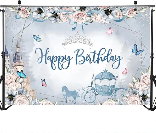 Miniatura 3 de Mocsicka Telón de fondo de cumpleaños de princesa azul, castillo floral, carruaje, corona plateada, mariposa, decoraciones de cumpleaños para niñas