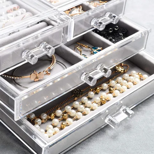Miniatura 3 de Frebeauty Joyero de acrílico con 4 cajones, organizador de joyas transparente, anillos de terciopelo, collares, aretes, pulseras, vitrina, bandeja
