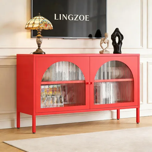 Miniatura 9 de Soporte de metal para TV, armario de almacenamiento con 2 puertas acrílicas, armario rosa con estante ajustable, gabinete lateral para el hogar