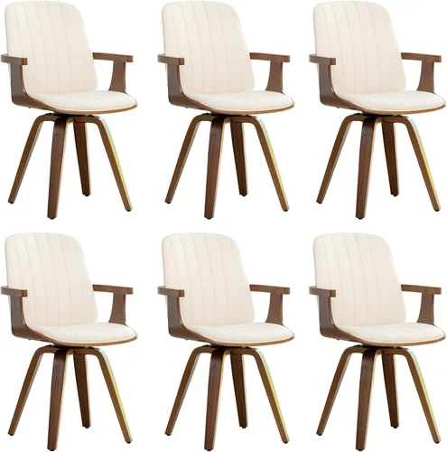 Miniatura 14 de Juego de 2 sillas de comedor giratorias, modernas de mediados de siglo con artesanía de nogal, piel sintética tapizada, brazos y patas de madera