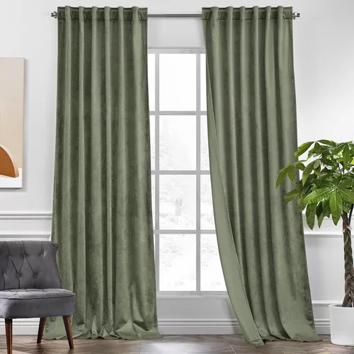 Miniatura 25 de KGORGE Cortinas de terciopelo verde cazador con pliegues pinzados de 84 pulgadas, con aislamiento térmico para oscurecer habitaciones, con anillas