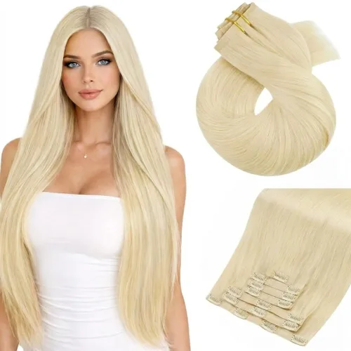 Moresoo - Extensiones de cabello humano con pinzas, sin costuras, con trama, de poliuretano, invisible, cabello humano real, color rubio platino, 7