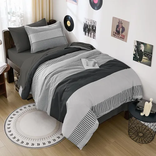 Miniatura 23 de Juego de edredón azul tamaño individual, edredón clásico a rayas para niños y niñas, juego de cama de 5 piezas en una bolsa, juego de ropa de cama