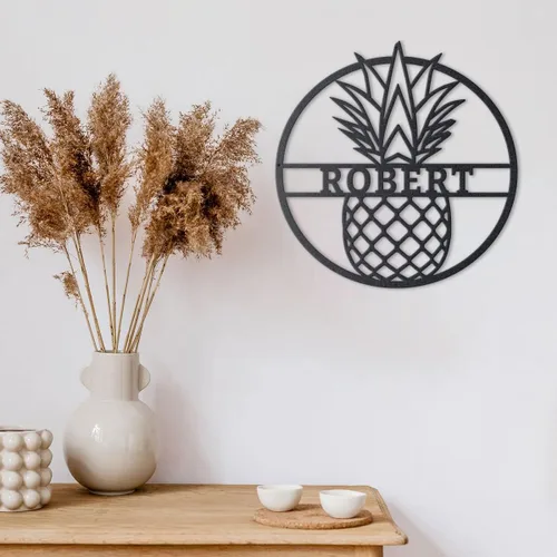Miniatura 6 de RealSteel Arte de pared personalizado de metal de piña, letrero de nombre familiar con monograma tropical personalizado Decoración de casa