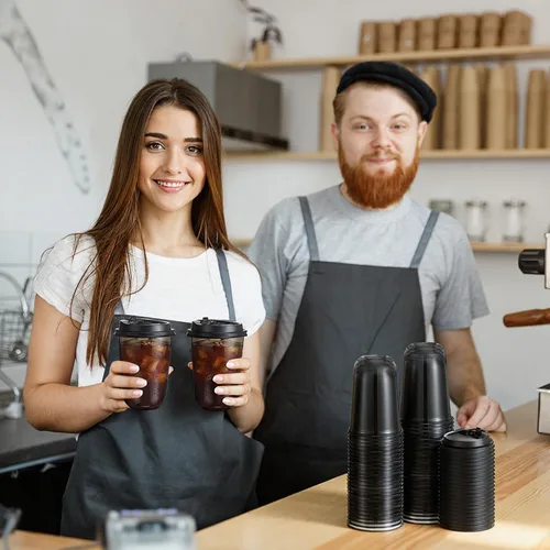 Miniatura 6 de Baderke Juego de 50 vasos de plástico negros con tapas, tazas de café helado con tapas, vasos de plástico desechables para bebidas frías, tapa