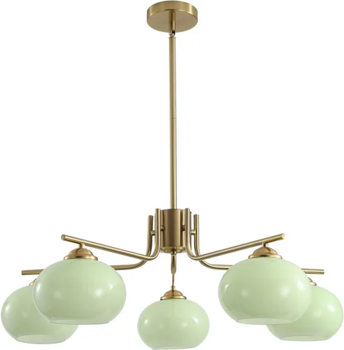 Miniatura 15 de KCO Lámpara de araña vintage de cristal verde con 3 luces de globo Sputnik, moderna lámpara de oro cepillado de mediados de siglo con montaje
