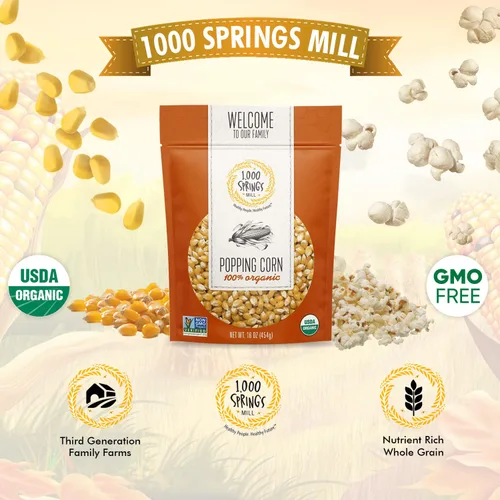 Miniatura 2 de 1000 Springs Mill Granos de palomitas de maíz secos orgánicos, sin OMG, aperitivo saludable para microondas o estufa, granos de palomitas de maíz
