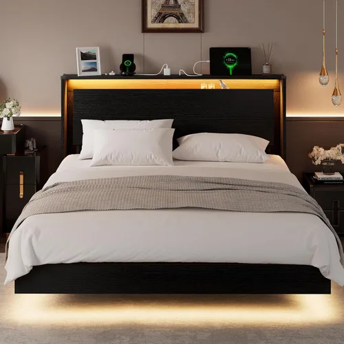 Miniatura 8 de Einhomn Marco de Cama Tamaño Queen con Luces LED y Estación de Carga – Marco de Cama Queen Flotante de Madera para Niños con Cabecera de Negro