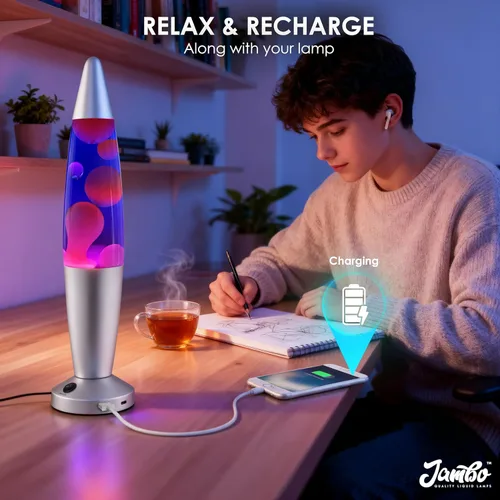 Miniatura 8 de JAMBO Hermosa lámpara líquida con puertos USB, luz de movimiento de 16" con líquido azul y cera morada, luz nocturna relajante, luz ambiental
