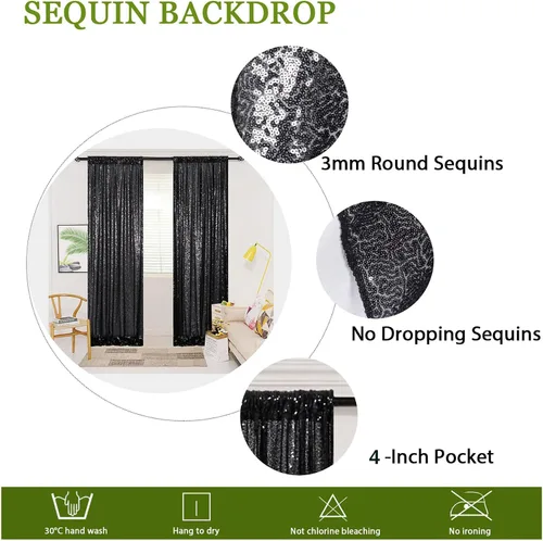 Miniatura 6 de ShinyBeauty Cortinas de Telón de Fondo con Lentejuelas 4x10 pies Negro Cortinas de Lentejuelas 2 Paneles Telones de Fondo para Bodas Telón de Fondo