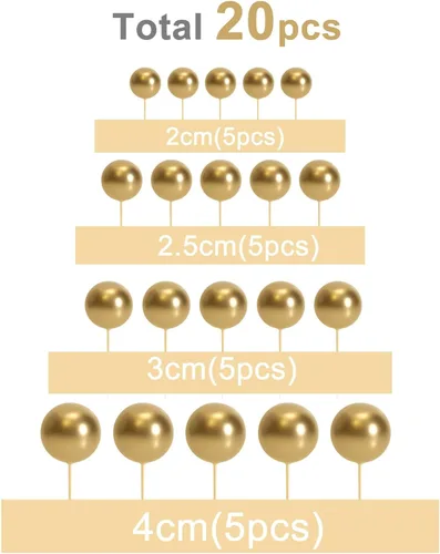 Miniatura 2 de ASTARON 20 piezas de decoración para pastel de bolas, mini globos, palitos para pastel, púas doradas, bolas de pastel para graduación, boda, Oro