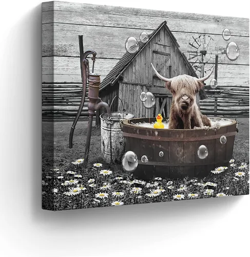 Miniatura 10 de Divertido arte de pared de vaca de las tierras altas, imágenes de baño, decoración de granja, 12 x 16 pulgadas enmarcado