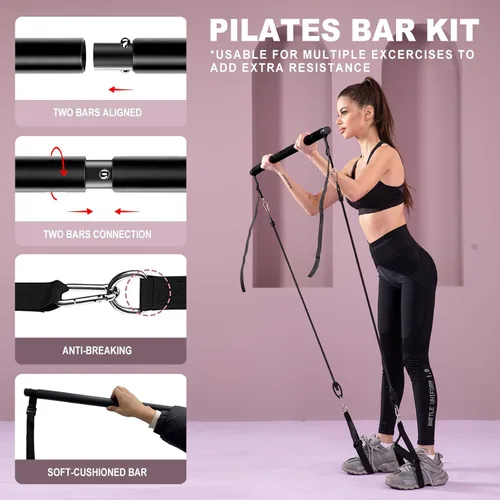 Miniatura 5 de Pilates bar kit Multiple Fitness bar with Resistance Bands, Ab Rollers.Core Strength Training Equipment. Squat Machine for Men and Women.Portable