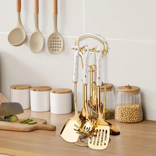Miniatura 5 de Juego de 7 utensilios de cocina de acero inoxidable dorado con soporte apto para lavavajillas, kit de utensilios de cocina de metal para colgar