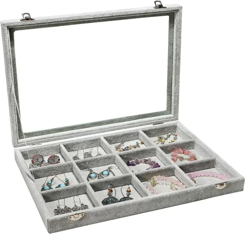 Stratalife Organizador de joyas, caja organizadora de joyas, bandeja de terciopelo para joyas con tapa transparente, organizador de cajones de
