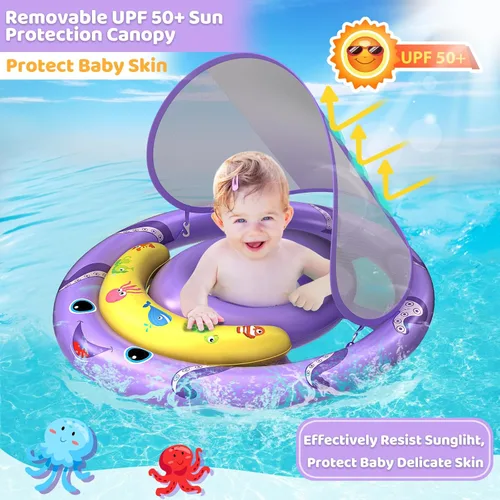 Flotador de piscina para bebé con toldo de protección solar extraíble UPF50+, flotadores de natación para bebés de 6 a 24 meses, diseño doble extra