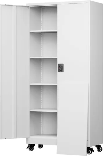 Miniatura 16 de Yizosh Armario de almacenamiento de metal para garaje con 2 puertas y 5 estantes ajustables, gabinete de archivo de acero con cerradura de 71