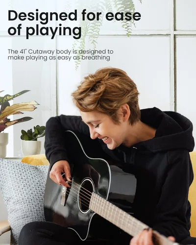 Miniatura 6 de Moukey Guitarra acústica de 41 pulgadas para principiantes, adultos, adolescentes, tamaño completo, con póster de acordes, bolsa de concierto, Negro