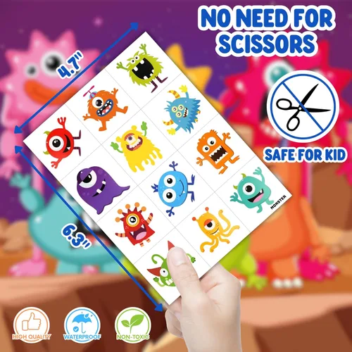 Miniatura 6 de 96 tatuajes temporales precortados de monstruo para niños, suministros para fiestas de cumpleaños de pequeños monstruos, calcomanías divertidas