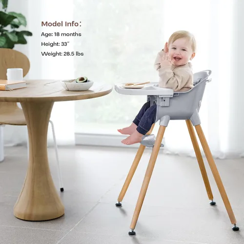 Miniatura 2 de Fodoss Trona convertible para bebé con patas de madera y bandeja extraíble apta para lavavajillas para niños y niñas, silla alta para niños pequeños