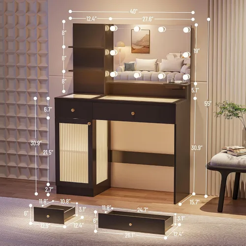 Miniatura 3 de INNOD Escritorio de tocador de 40 pulgadas con espejo grande y luces, moderno juego de tocador de maquillaje con tapa de vidrio con toma