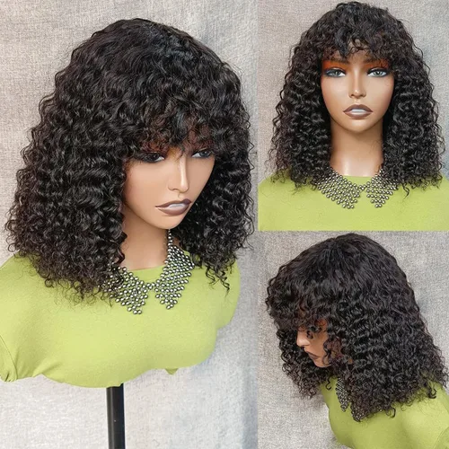 Miniatura 2 de SUPERNOVA Peluca corta afro rizada con flequillo, cabello humano negro natural, 14 pulgadas, rizado real, densidad 180, peluca con flecos, hecha a