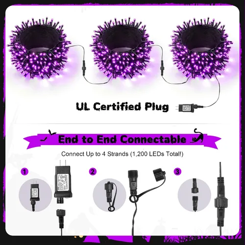 Miniatura 3 de WBao - Cadena de luces LED para Halloween de 300 luces, 108 pies, luces LED súper brillantes con certificación UL, 8 modos de iluminación