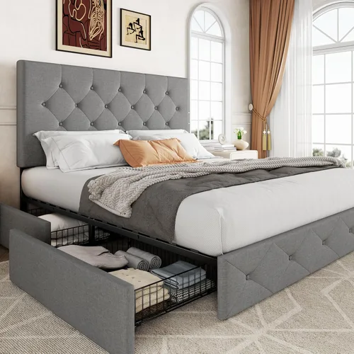 Miniatura 24 de Allewie - Base de cama tapizada de tamaño Full con plataforma, con 4 cajones de almacenamiento y cabecero, diseño cosido en cuadrados con botones