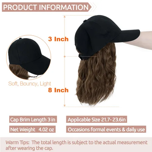 Miniatura 4 de S-noilite Peluca de gorra de béisbol con extensiones de cabello, 8 pulgadas, corta, rizada, ondulada, estilo Bob, peinado, ajustable, con cabello